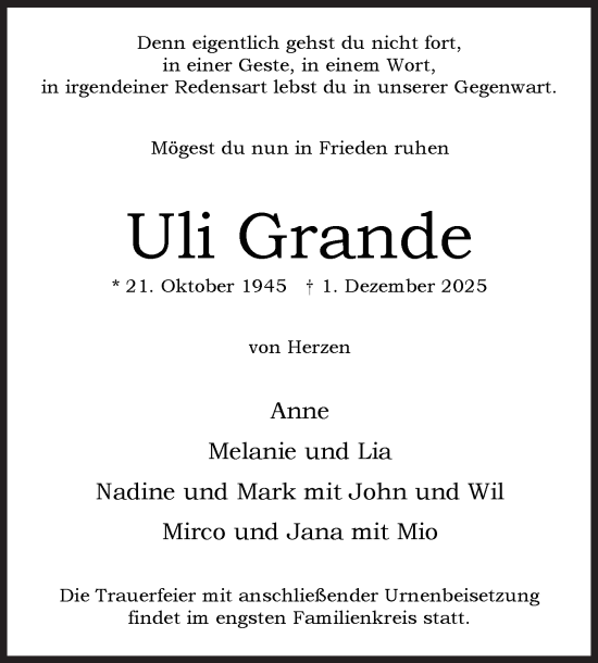 Traueranzeige von Uli Grande von Siegener Zeitung