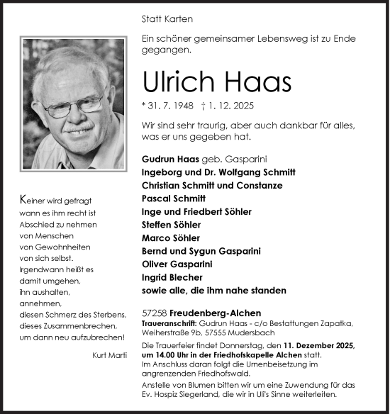 Traueranzeige von Ulrich Haas von Siegener Zeitung