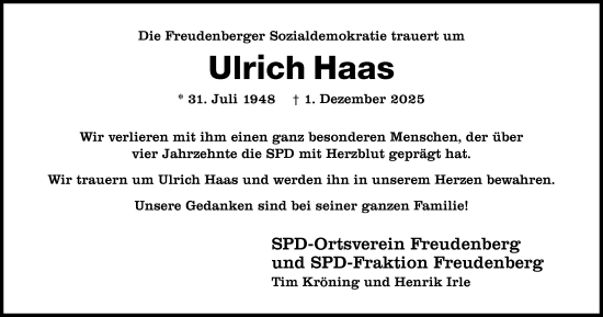Traueranzeige von Ulrich Haas von Siegener Zeitung