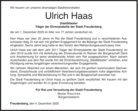 Traueranzeige von Ulrich Haas von Siegener Zeitung