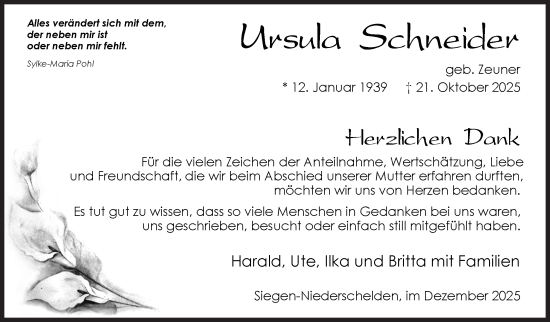 Traueranzeige von Ursula Schneider von Siegener Zeitung