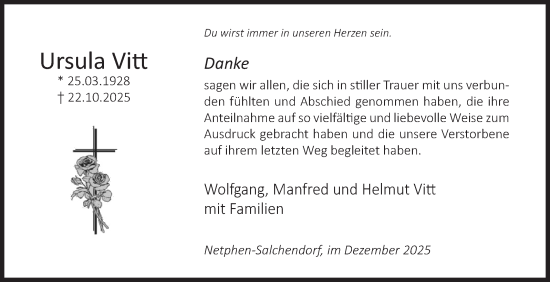 Traueranzeige von Ursula Vitt von Siegener Zeitung