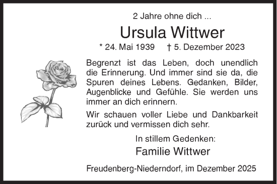 Traueranzeige von Ursula Wittwer von Siegener Zeitung
