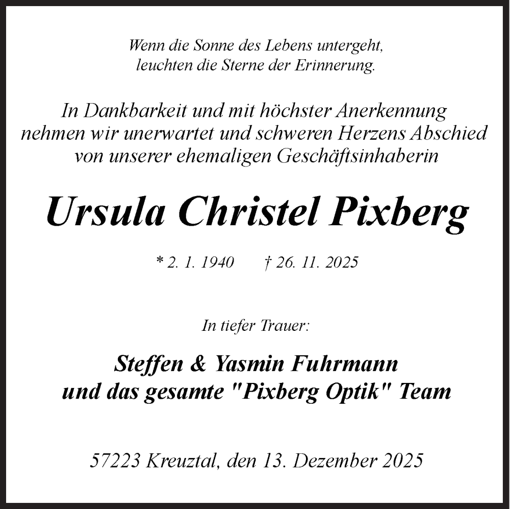  Traueranzeige für Ursula Christel Pixberg vom 13.12.2025 aus Siegener Zeitung