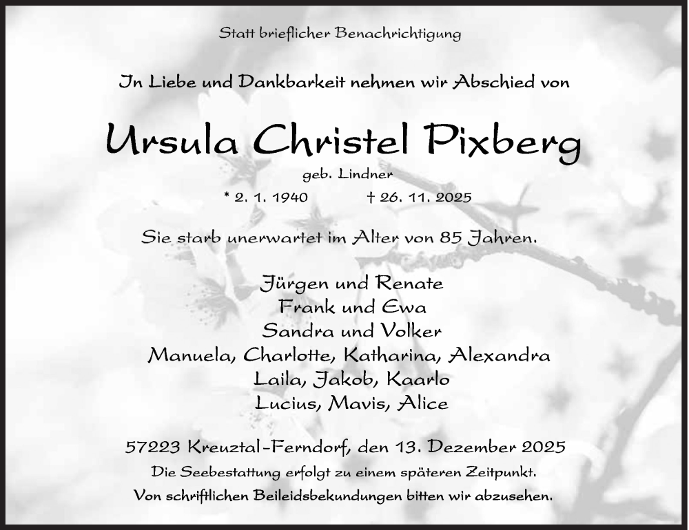  Traueranzeige für Ursula Christel Pixberg vom 13.12.2025 aus Siegener Zeitung