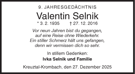 Traueranzeige von Valentin Selnik von Siegener Zeitung