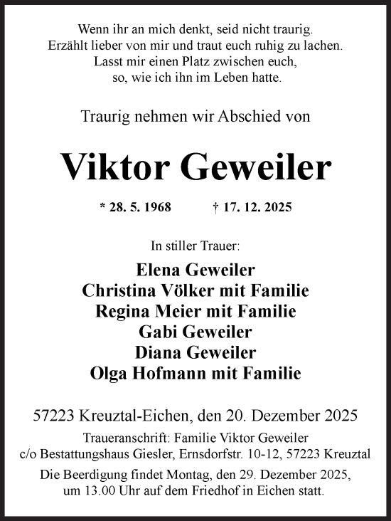 Traueranzeige von Viktor Geweiler von Siegener Zeitung