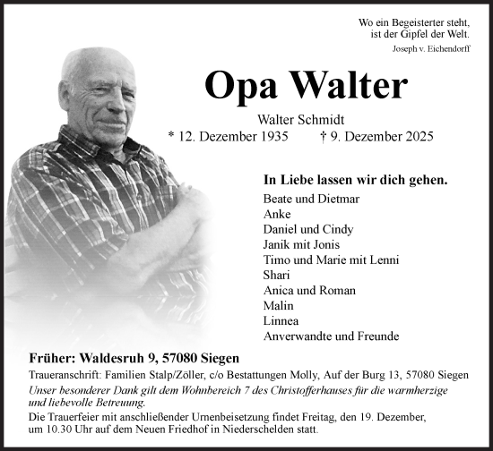 Traueranzeige von Walter Schmidt von Siegener Zeitung