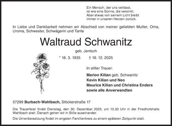 Traueranzeige von Waltraud Schwanitz von Siegener Zeitung