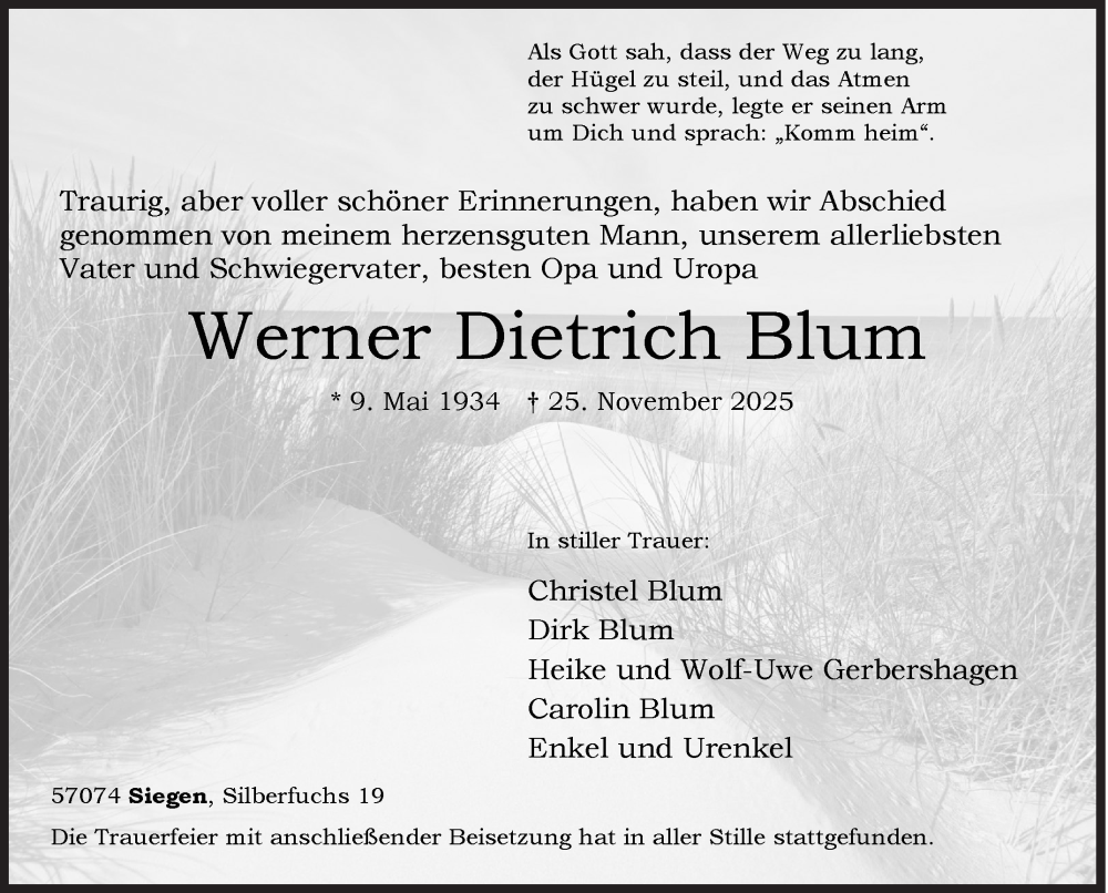  Traueranzeige für Werner Dietrich Blum vom 09.12.2025 aus Siegener Zeitung