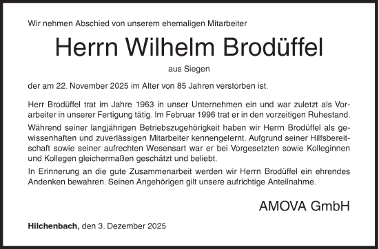 Traueranzeige von Wilhelm Brodüffel von Siegener Zeitung