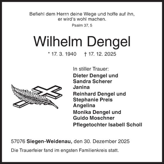 Traueranzeige von Wilhelm Dengel von Siegener Zeitung