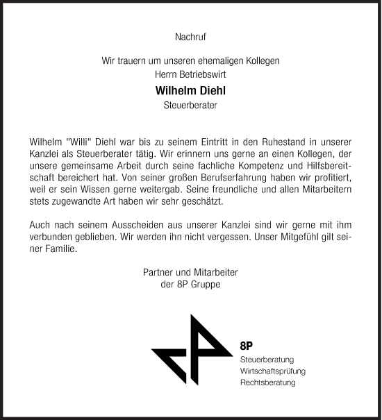 Traueranzeige von Wilhelm Diehl von Siegener Zeitung