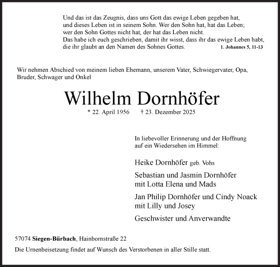 Traueranzeige von Wilhelm Dornhöfer von Siegener Zeitung