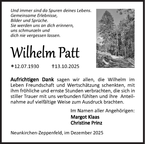 Traueranzeige von Wilhelm Patt von Siegener Zeitung