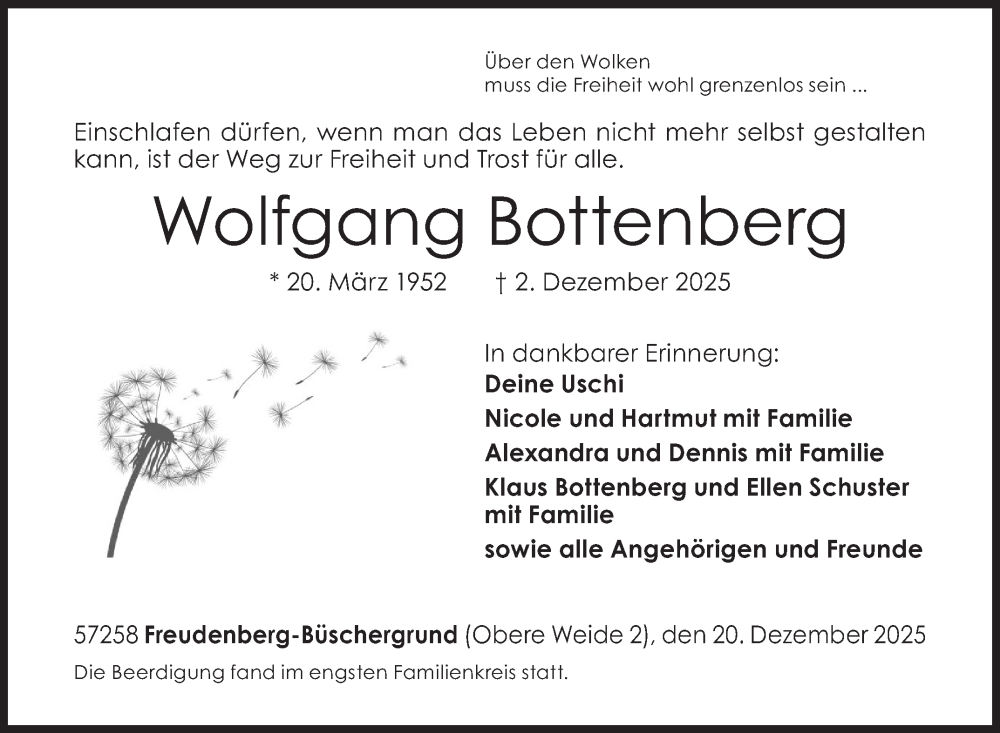  Traueranzeige für Wolfgang Bottenberg vom 20.12.2025 aus Siegener Zeitung