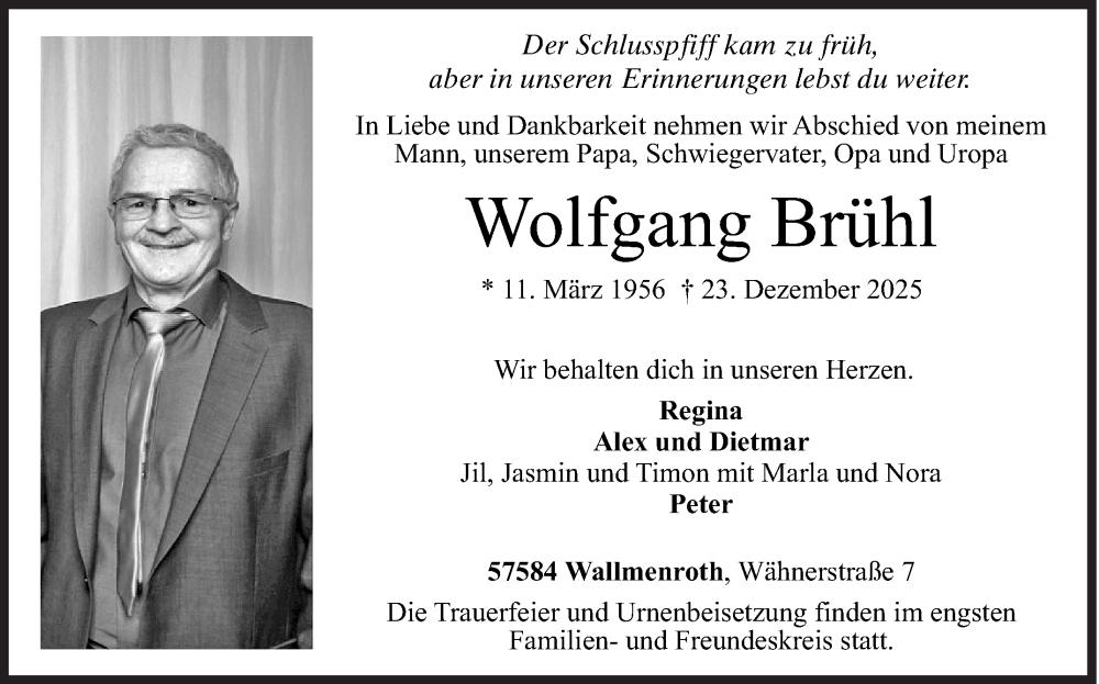  Traueranzeige für Wolfgang Brühl vom 30.12.2025 aus Siegener Zeitung