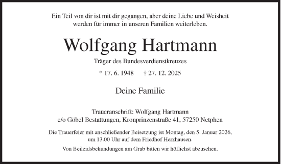 Traueranzeige von Wolfgang Hartmann von Siegener Zeitung