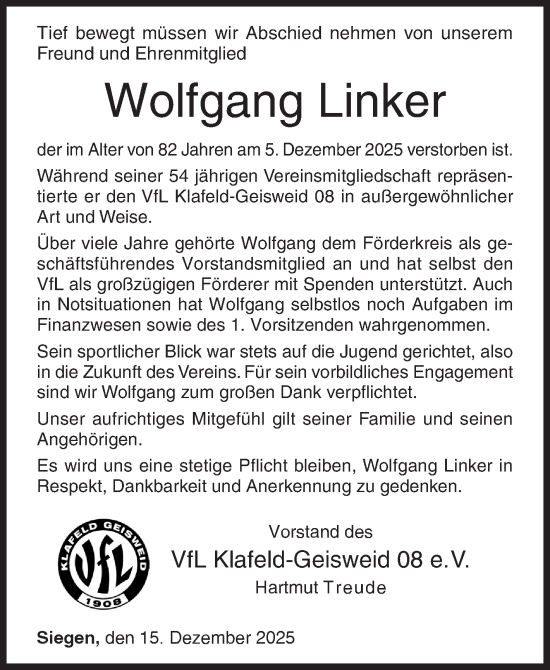 Traueranzeige von Wolfgang Linker von Siegener Zeitung