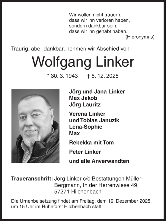Traueranzeige von Wolfgang Linker von Siegener Zeitung