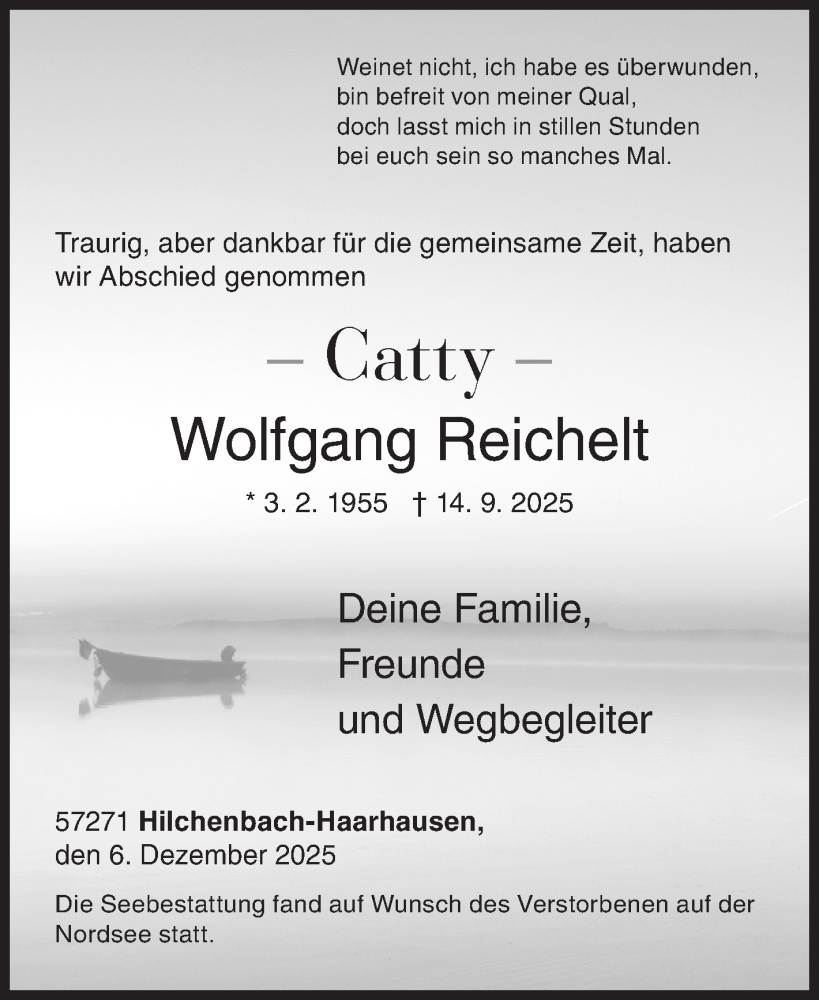  Traueranzeige für Wolfgang Reichelt vom 06.12.2025 aus Siegener Zeitung