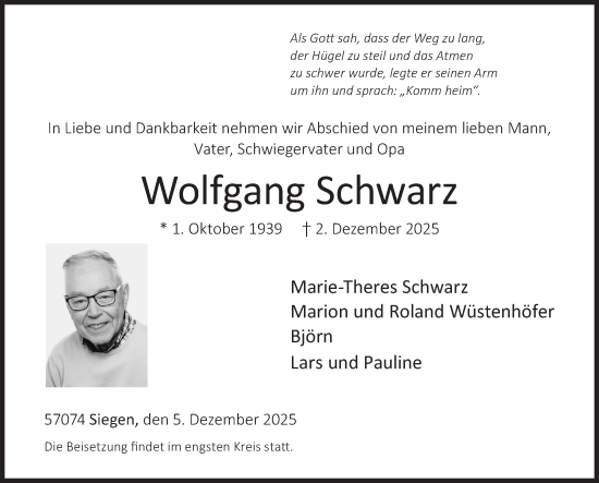 Traueranzeige von Wolfgang Schwarz von Siegener Zeitung