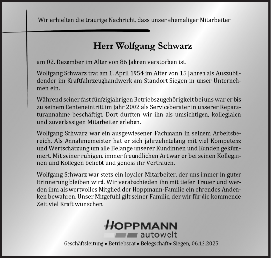 Traueranzeige von Wolfgang Schwarz von Siegener Zeitung