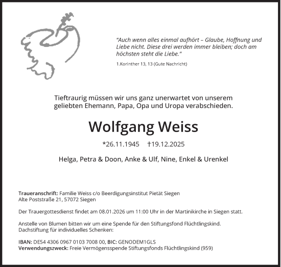 Traueranzeige von Wolfgang Weiss von Siegener Zeitung