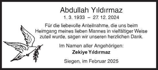 Traueranzeige von Abdullah Yildirmaz von Siegener Zeitung