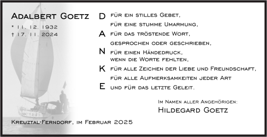 Traueranzeige von Adalbert Goetz von Siegener Zeitung