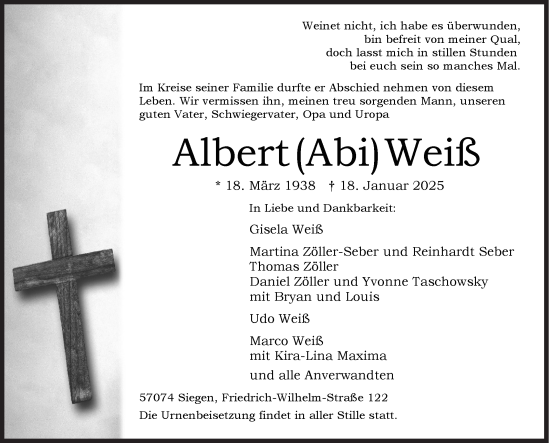 Traueranzeige von Albert Weiß von Siegener Zeitung