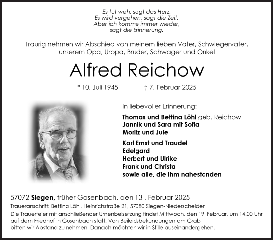 Traueranzeige von Alfred Reichow von Siegener Zeitung
