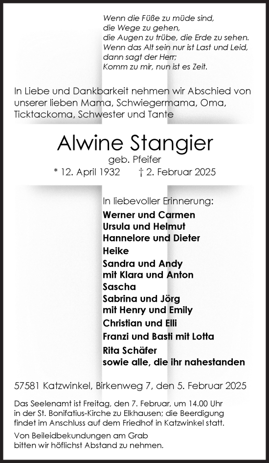 Traueranzeige von Alwine Stangier von Siegener Zeitung