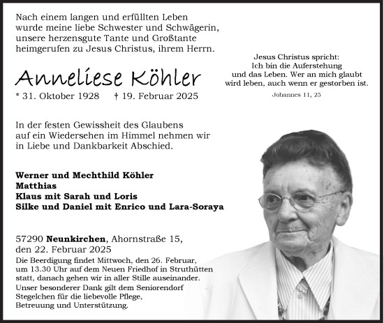 Traueranzeige von Anneliese Köhler von Siegener Zeitung