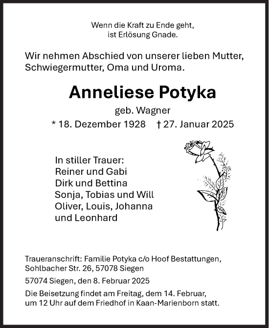 Traueranzeige von Anneliese Potyka von Siegener Zeitung