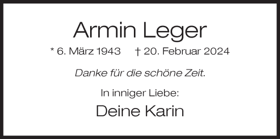 Traueranzeige von Armin Leger von Siegener Zeitung