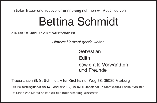 Traueranzeige von Bettina Schmidt von Siegener Zeitung