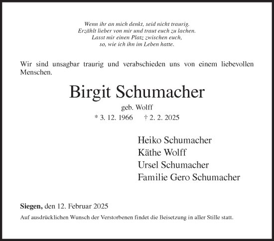Traueranzeige von Birgit Schumacher von Siegener Zeitung
