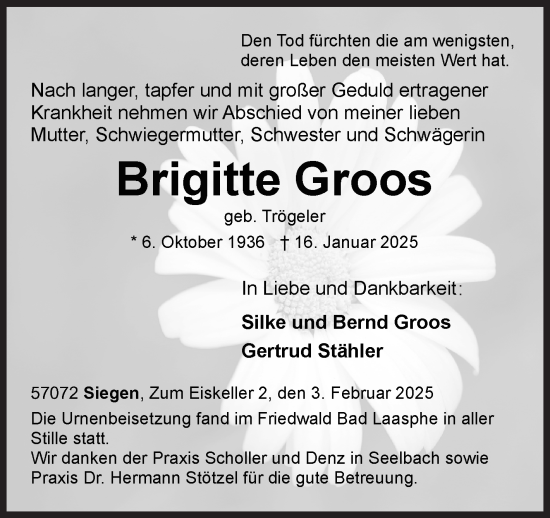 Traueranzeige von Brigitte Groos von Siegener Zeitung