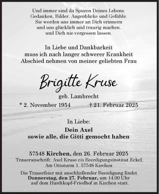 Traueranzeige von Brigitte Kruse von Siegener Zeitung