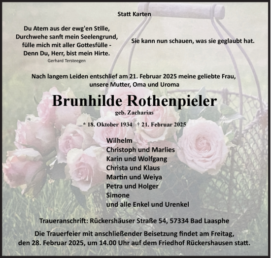 Traueranzeige von Brunhilde Rothenpieler von Siegener Zeitung