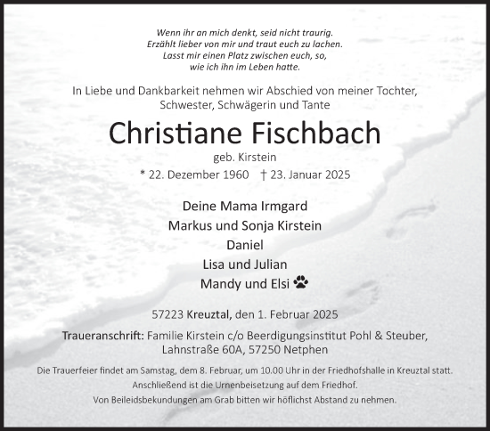 Traueranzeige von Christiane Fischbach von Siegener Zeitung