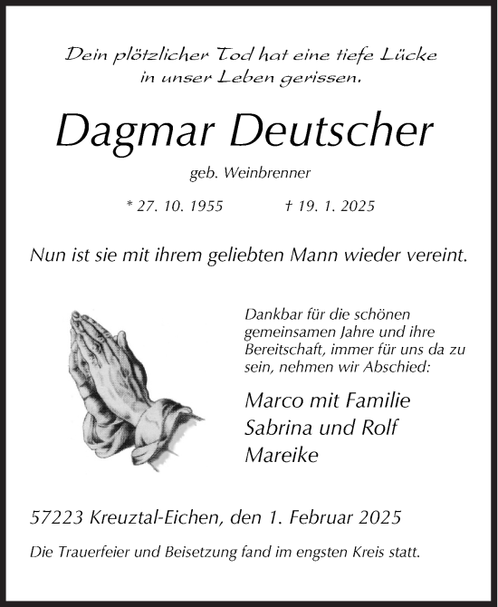 Traueranzeige von Dagmar Deutscher von Siegener Zeitung