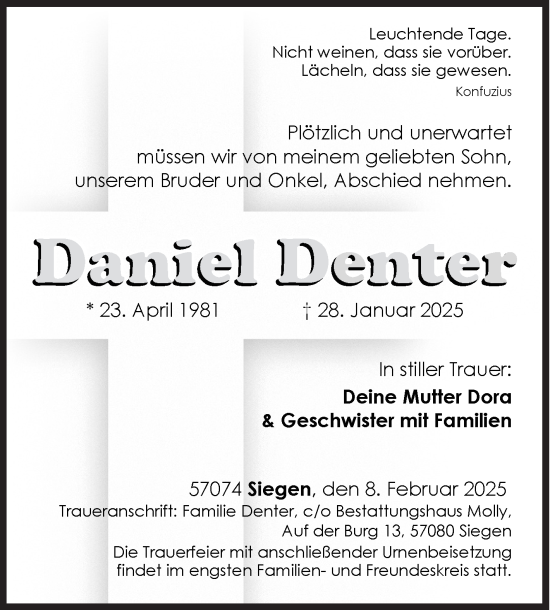Traueranzeige von Daniel Denter von Siegener Zeitung