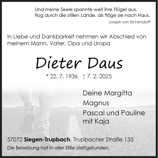 Traueranzeige von Dieter Daus von Siegener Zeitung