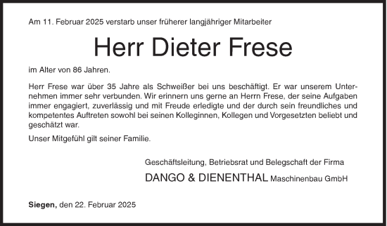 Traueranzeige von Dieter Frese von Siegener Zeitung
