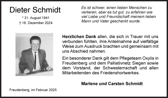 Traueranzeige von Dieter Schmidt von Siegener Zeitung