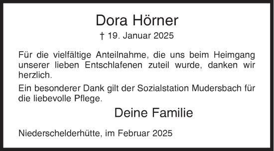 Traueranzeige von Dora Hörner von Siegener Zeitung