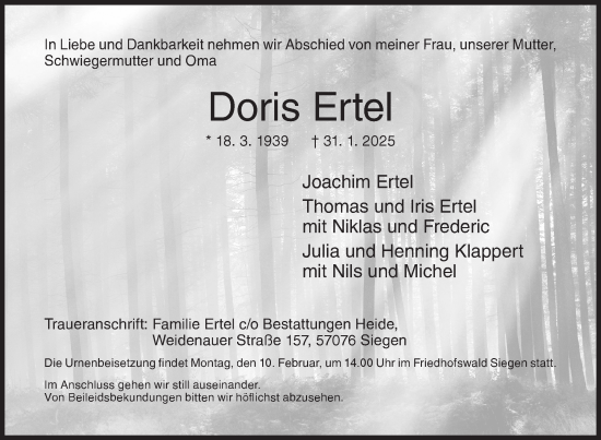 Traueranzeige von Doris Ertel von Siegener Zeitung