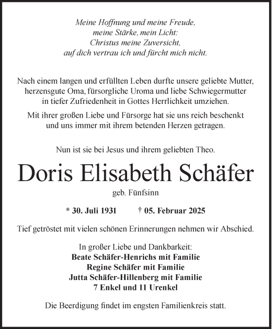 Traueranzeige von Doris  Schäfer von Siegener Zeitung